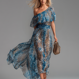 Willow - Long Chiffon Dress with Leopard Print and Bare Shoulders