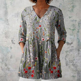 Alma - Grey Blouse with Embroidered Florals