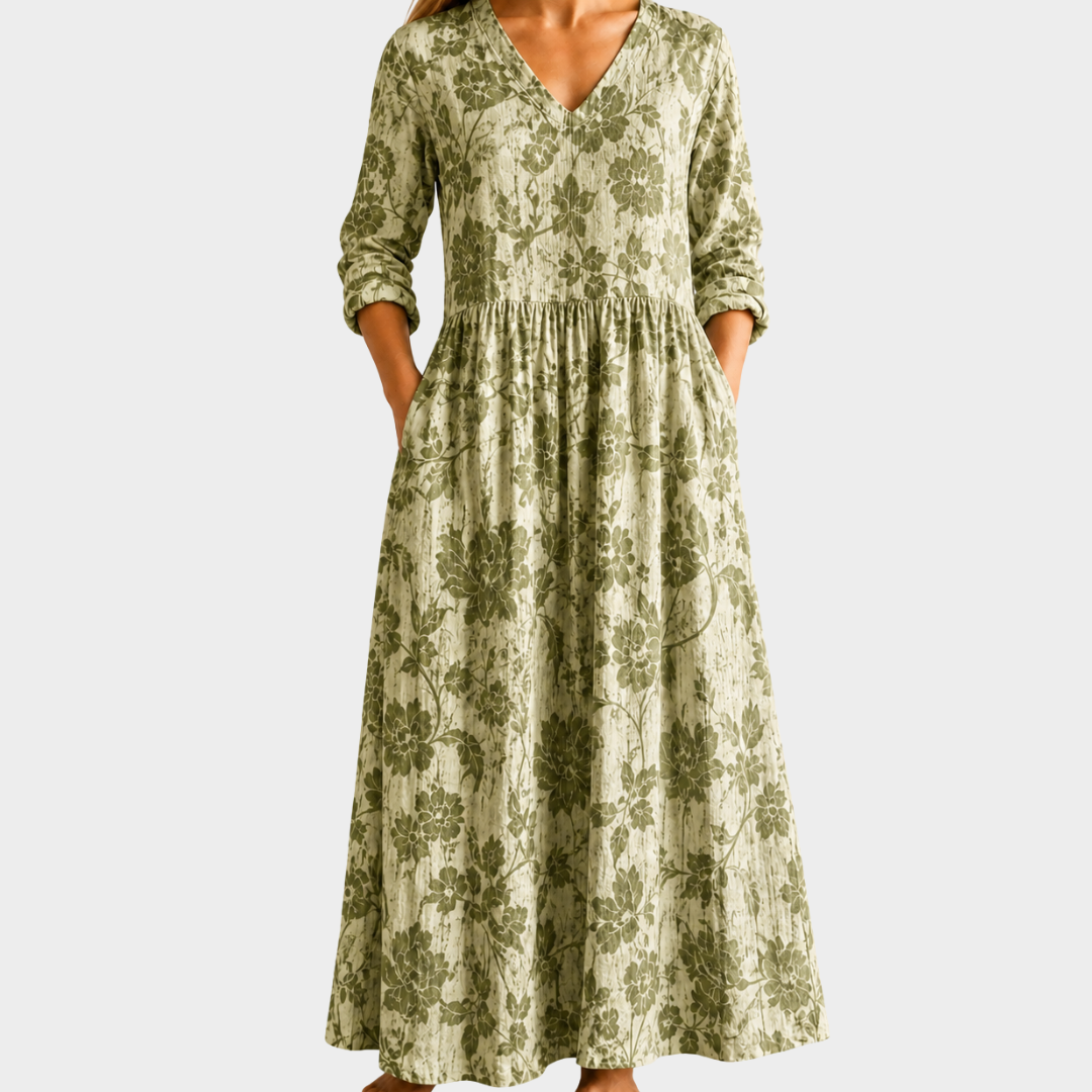 Harriet olive botanical print maxi dress, view 2