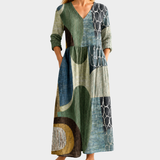 Jacqui green and blue abstract patchwork maxi dress, view 2