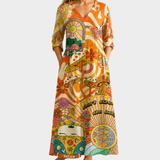 Casey orange retro sun print maxi dress, view 2