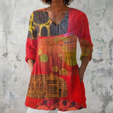 Jane - Red Blouse with Abstract Patchwork