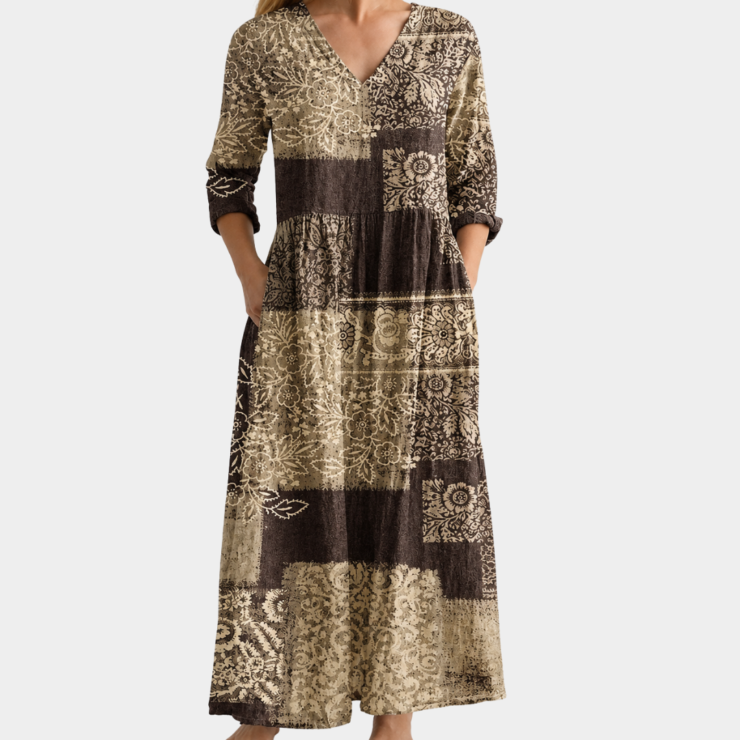 Vicki brown and cream batik block maxi dress, view 2