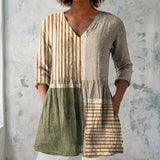 Daisy - Beige Blouse with Striped Colour Blocks