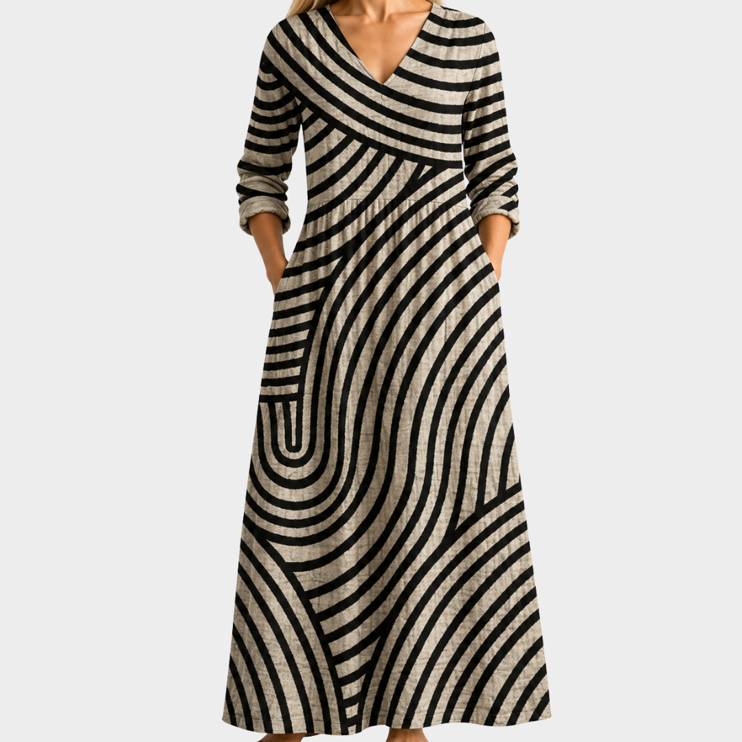 Nadia black and cream curved stripe maxi dress, view 2
