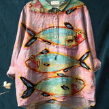 Neve - Casual Women's Blouse with Vintage Fish Art