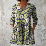 Hazel - Lime Blouse with Retro Flower Print