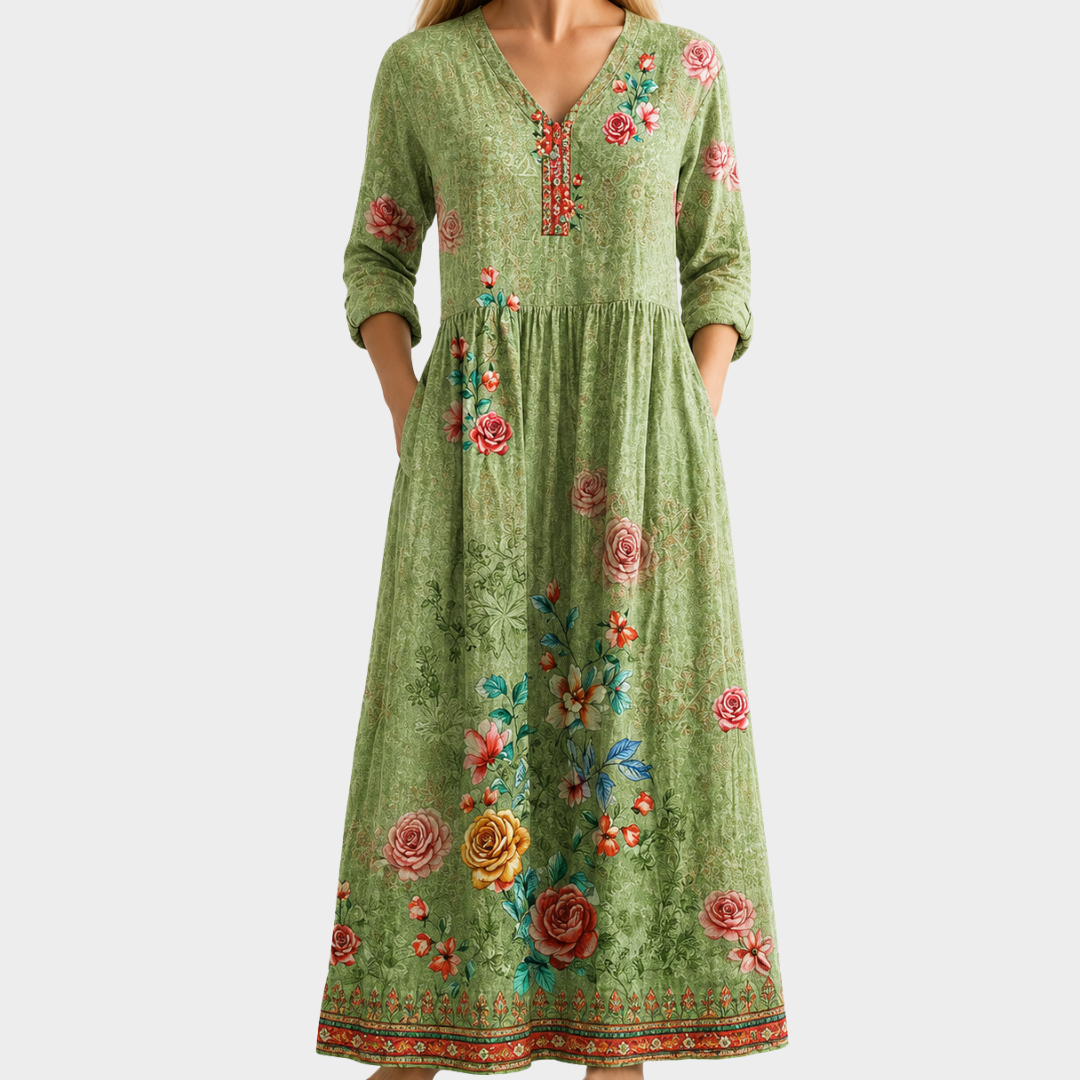 Mabel green maxi dress with rose border, view 2