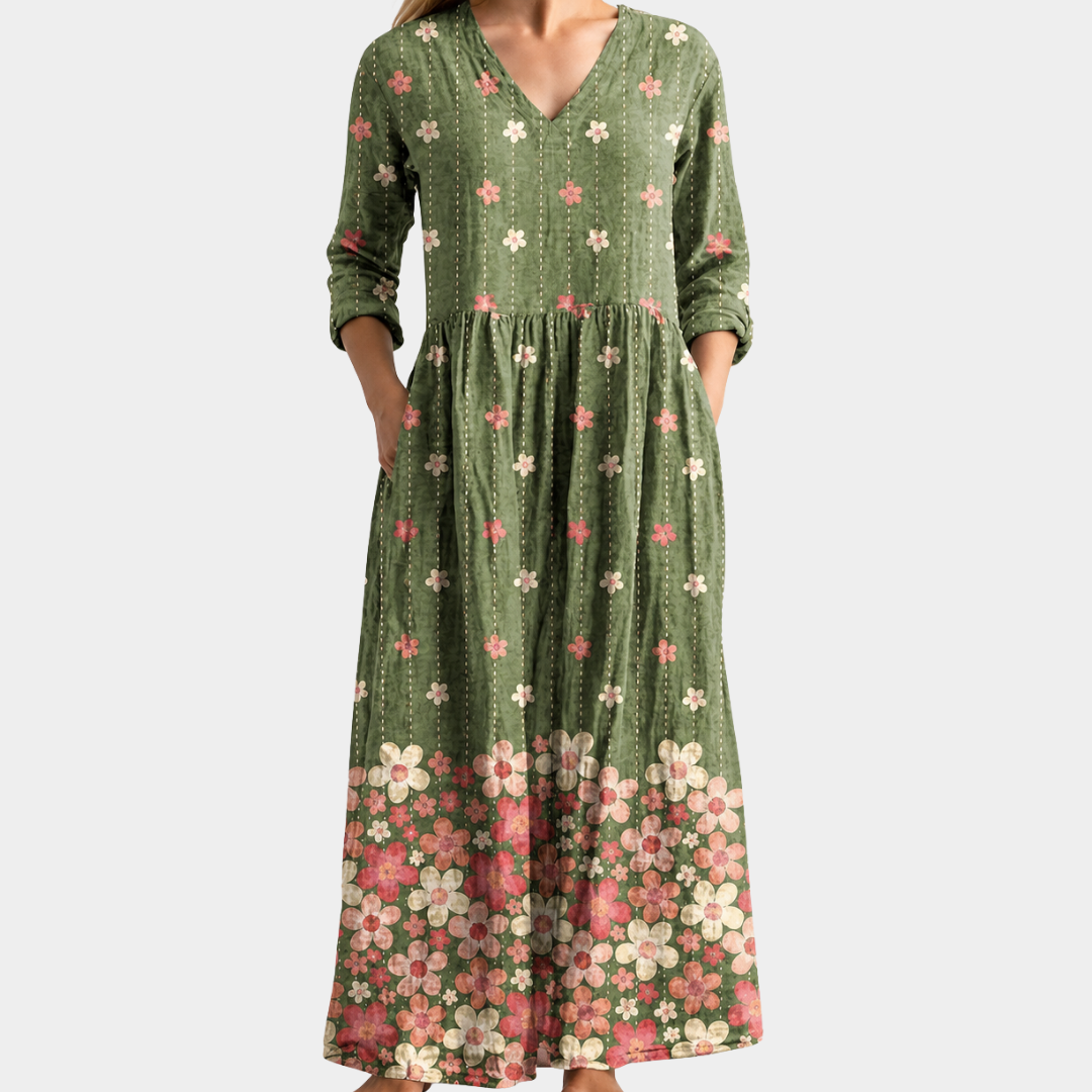 Libby green maxi dress with pink floral border, view 2