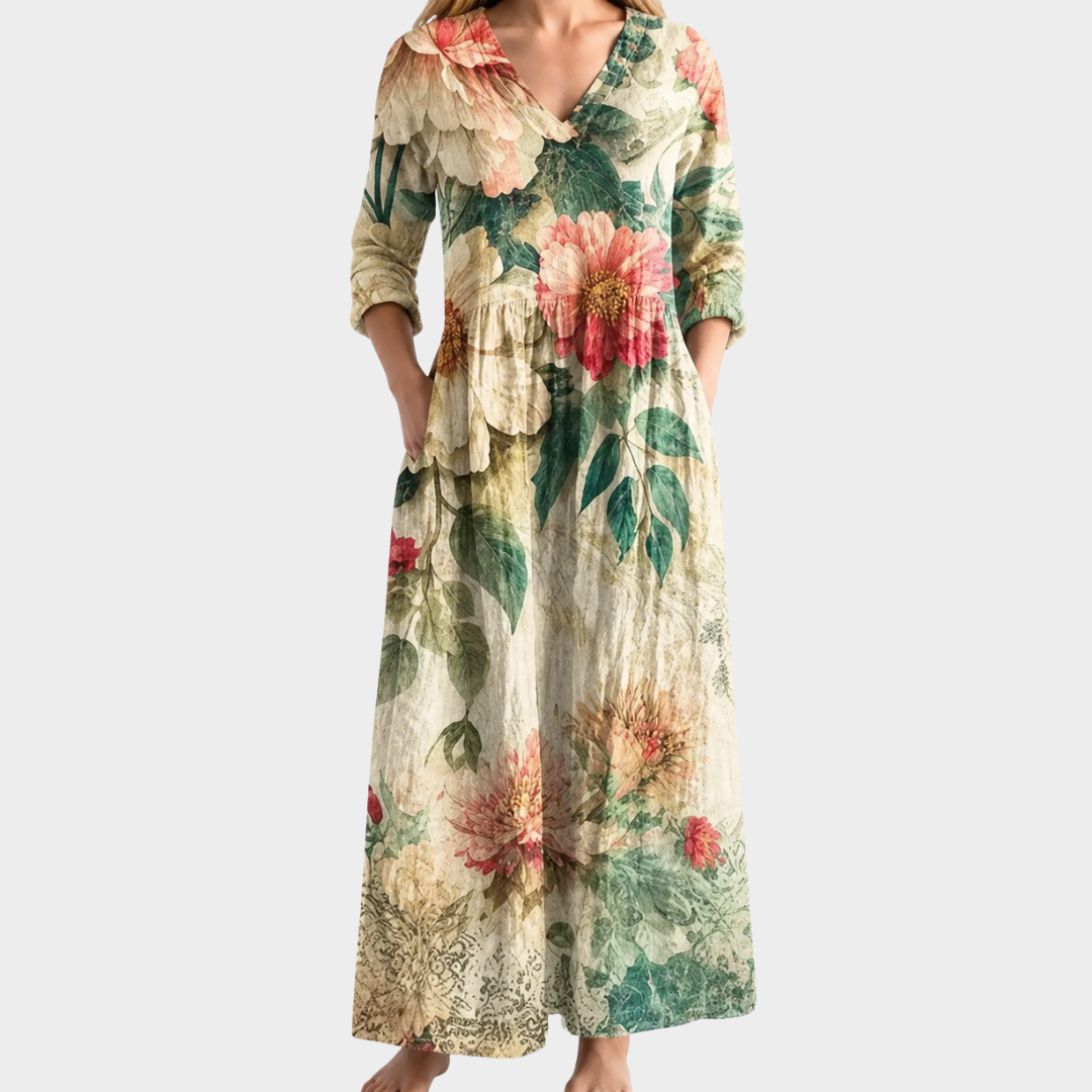 Rhonda cream vintage floral maxi dress, view 2