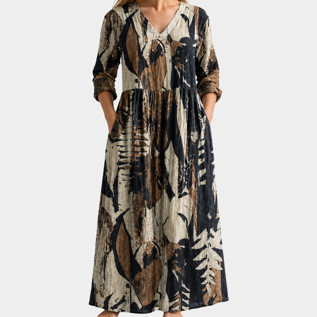 Mara black and cream woodland leaf maxi dress, view 2
