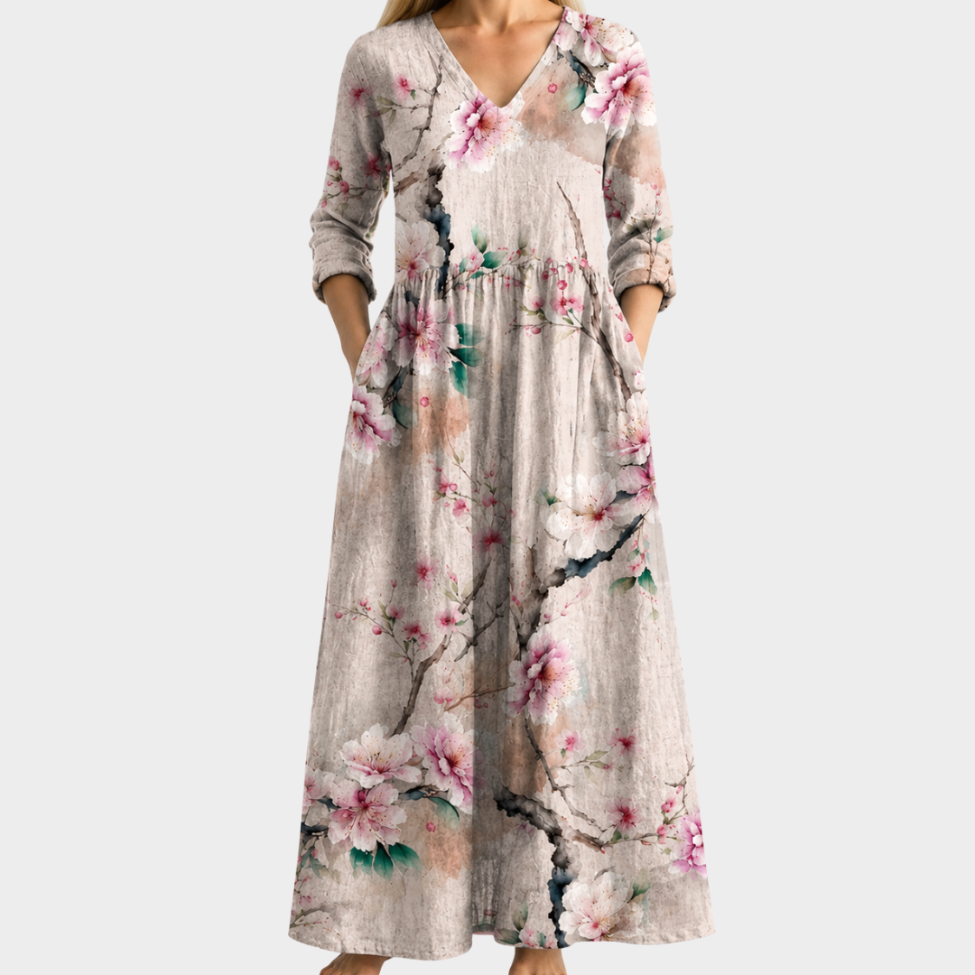 Piper cream maxi dress with cherry blossom, view 2