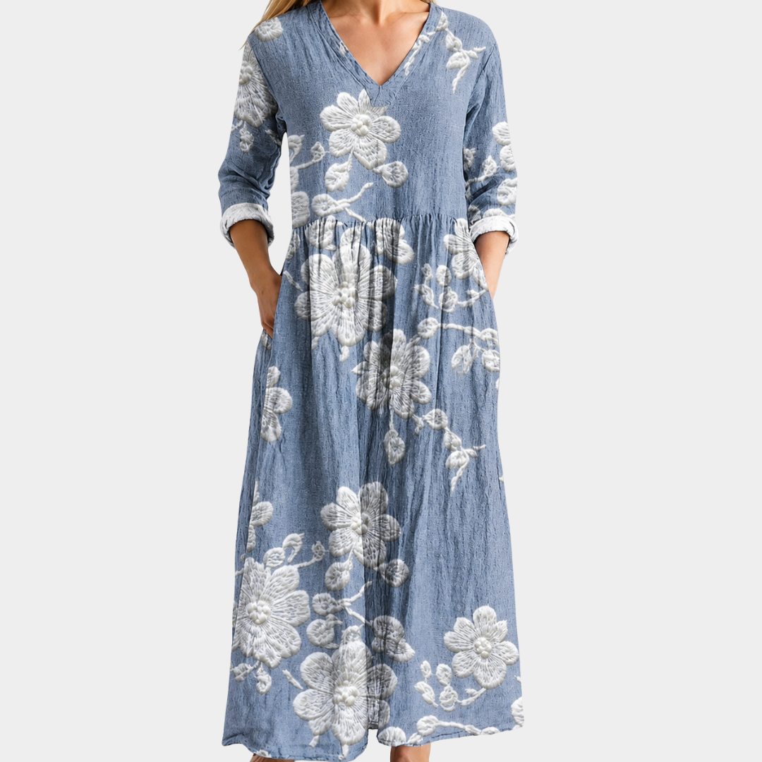 Dulcie blue maxi dress with white blossoms, view 2