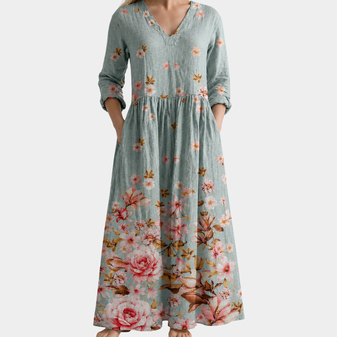 Erin sage blue maxi dress with pink roses, view 2