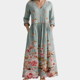 Erin sage blue maxi dress with pink roses, view 2