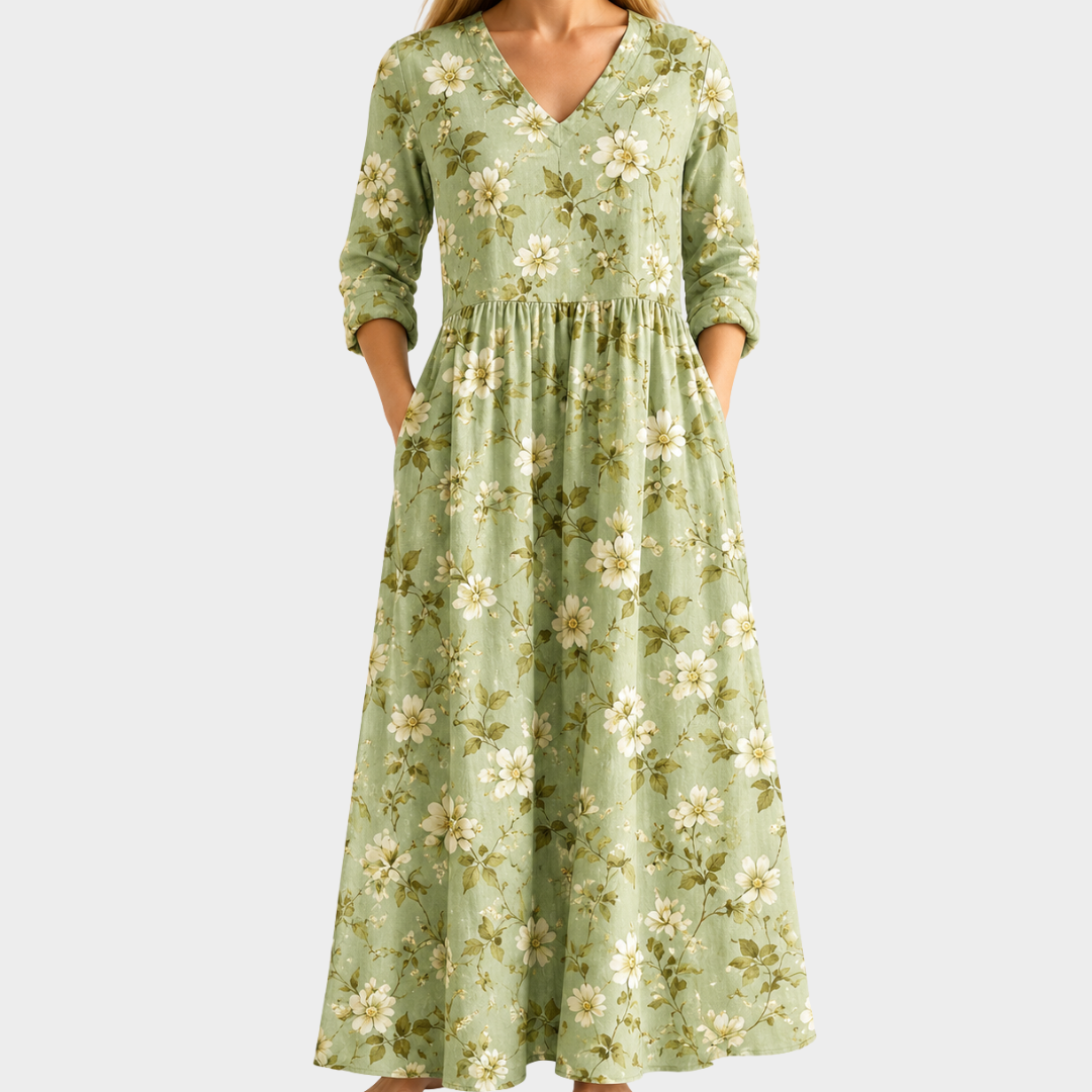 Nancy pale green maxi dress with white daisies, view 2