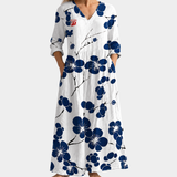 Kara white maxi dress with navy blossom branches, view 2