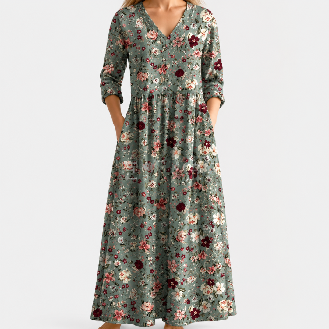 Glenda sage green maxi dress with scattered florals, view 2