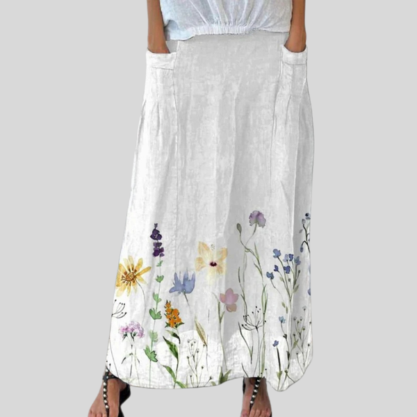 Petra - Watercolour Spring Meadows Art Printed Women's Linen Elastic waistband Pocket Skirt