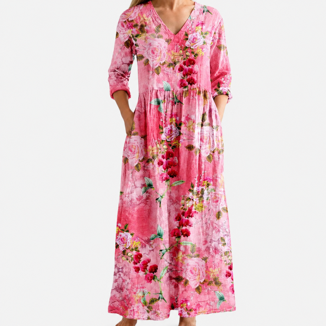 Hannah pink rose print maxi dress, view 2