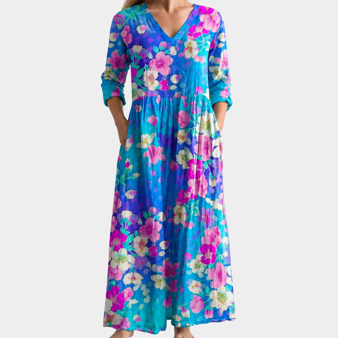 Roxy blue maxi dress with bright tropical florals, view 2