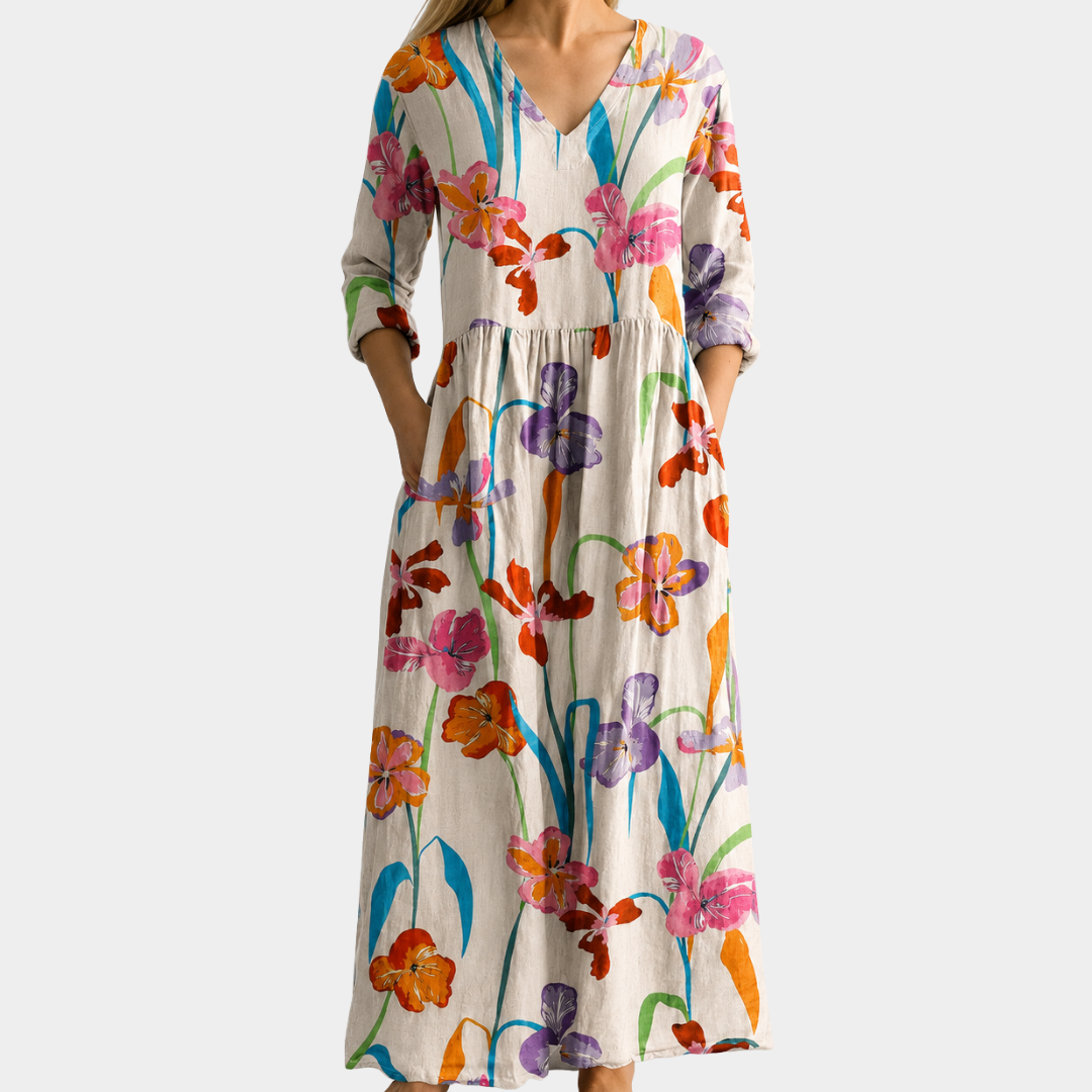 Anita cream maxi dress with painted wildflowers, view 2