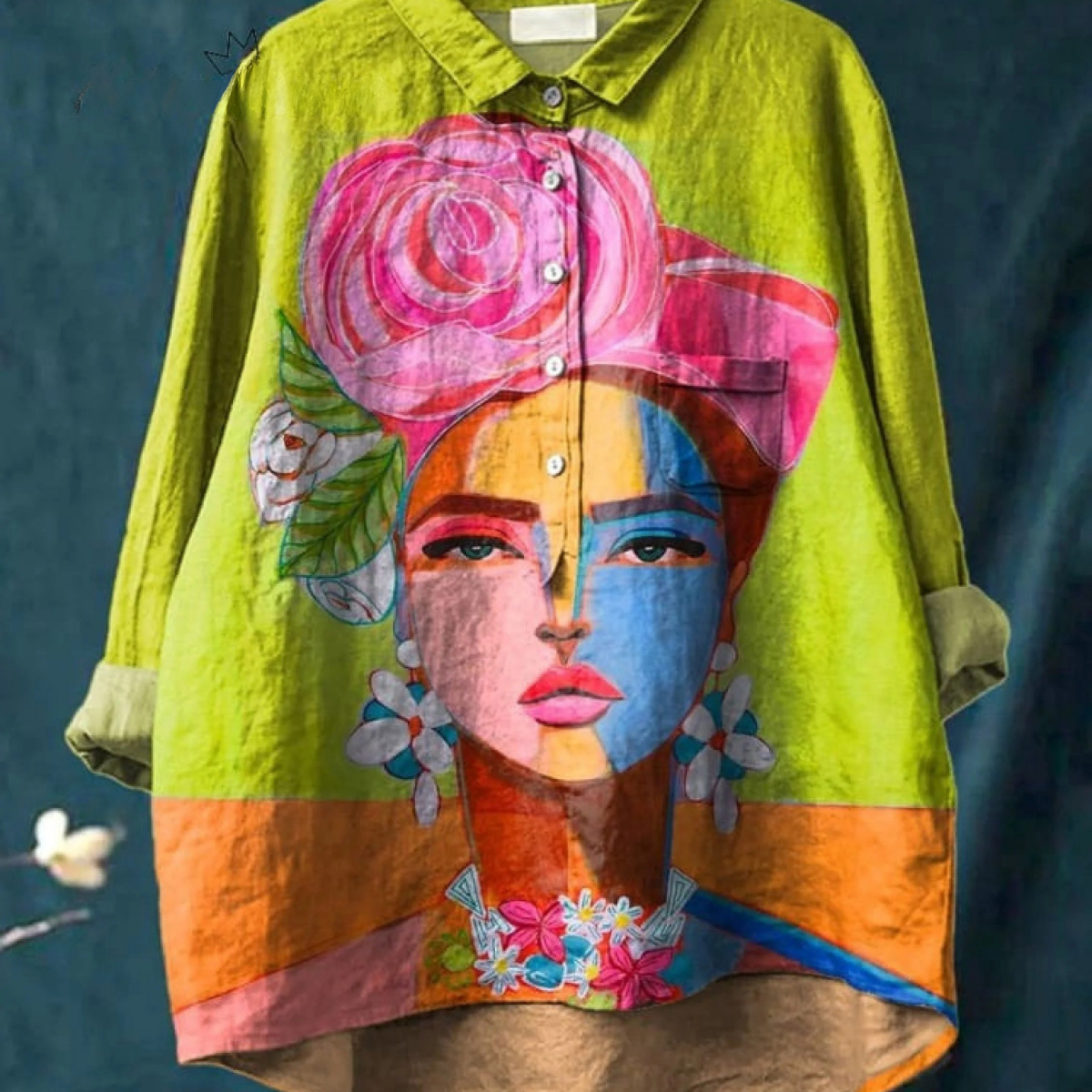 Mabel - Casual Blouse with Frida Portrait in Oil Print