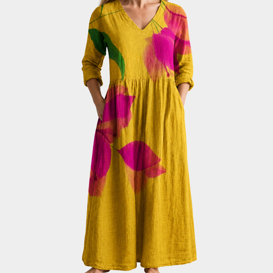 Portia mustard maxi dress with bold blooms, view 2