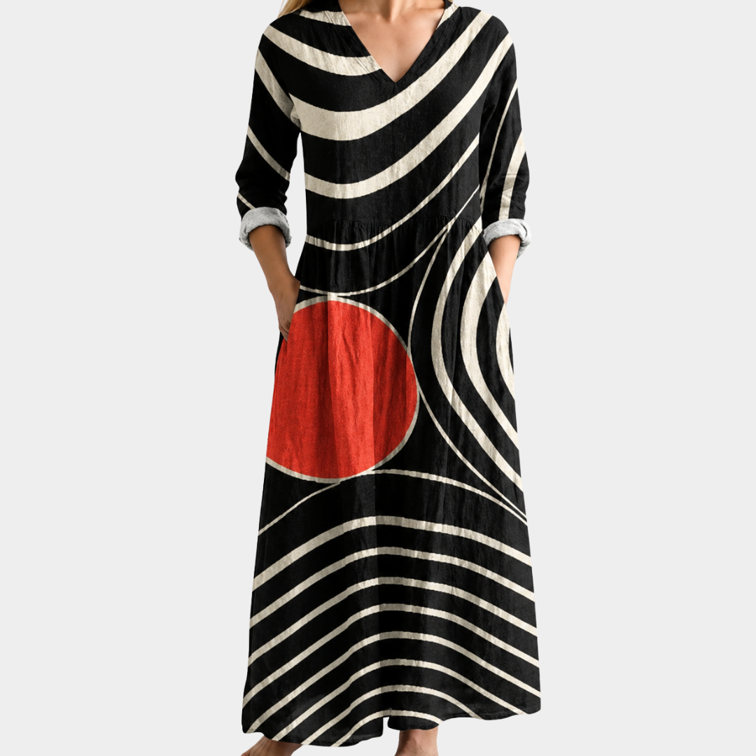 Tash black and cream maxi dress with red horizon, view 2