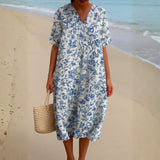 Maud - Ivory Dress Decorated with Porcelain Blue Floral Accents