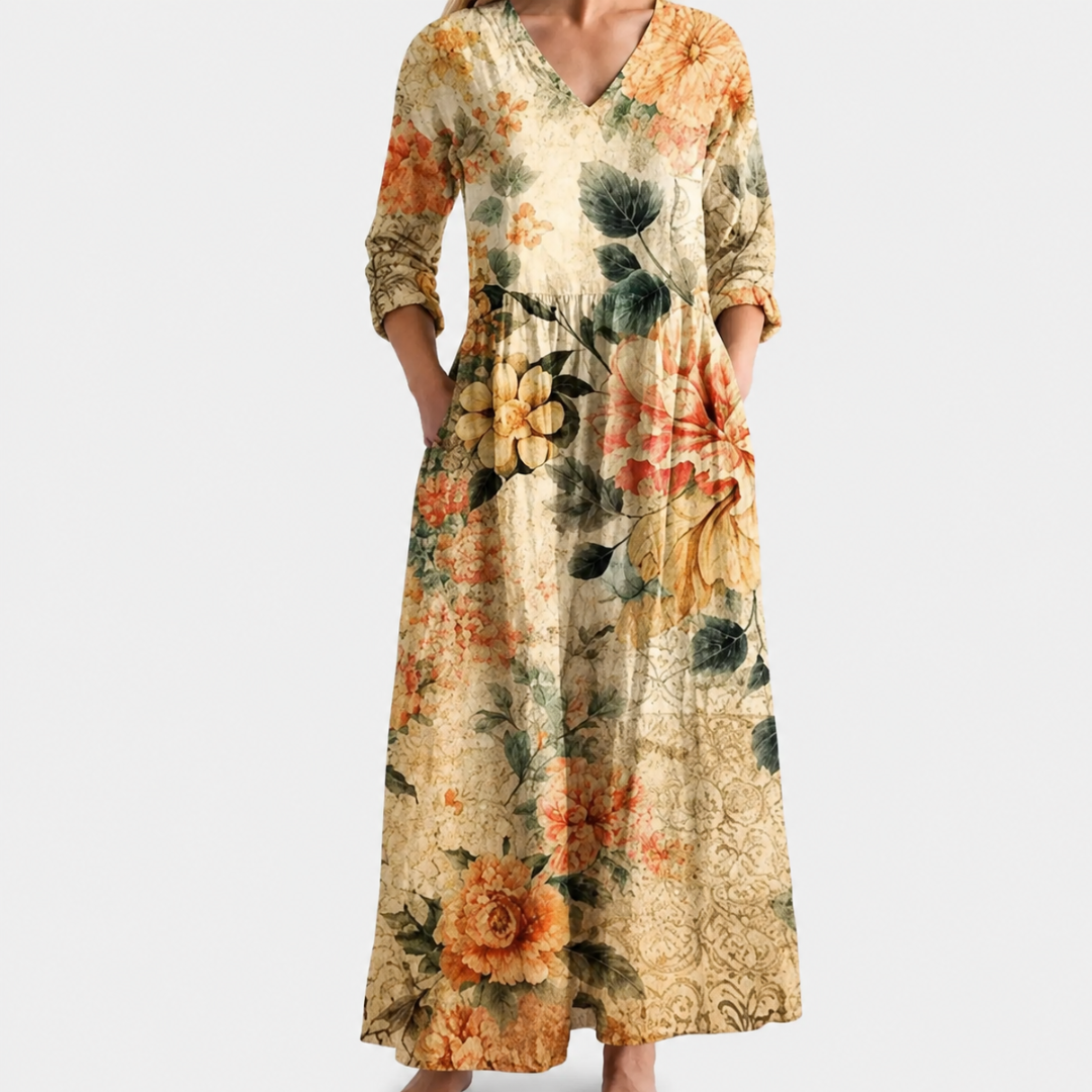 Carmel cream maxi dress with vintage roses, view 2