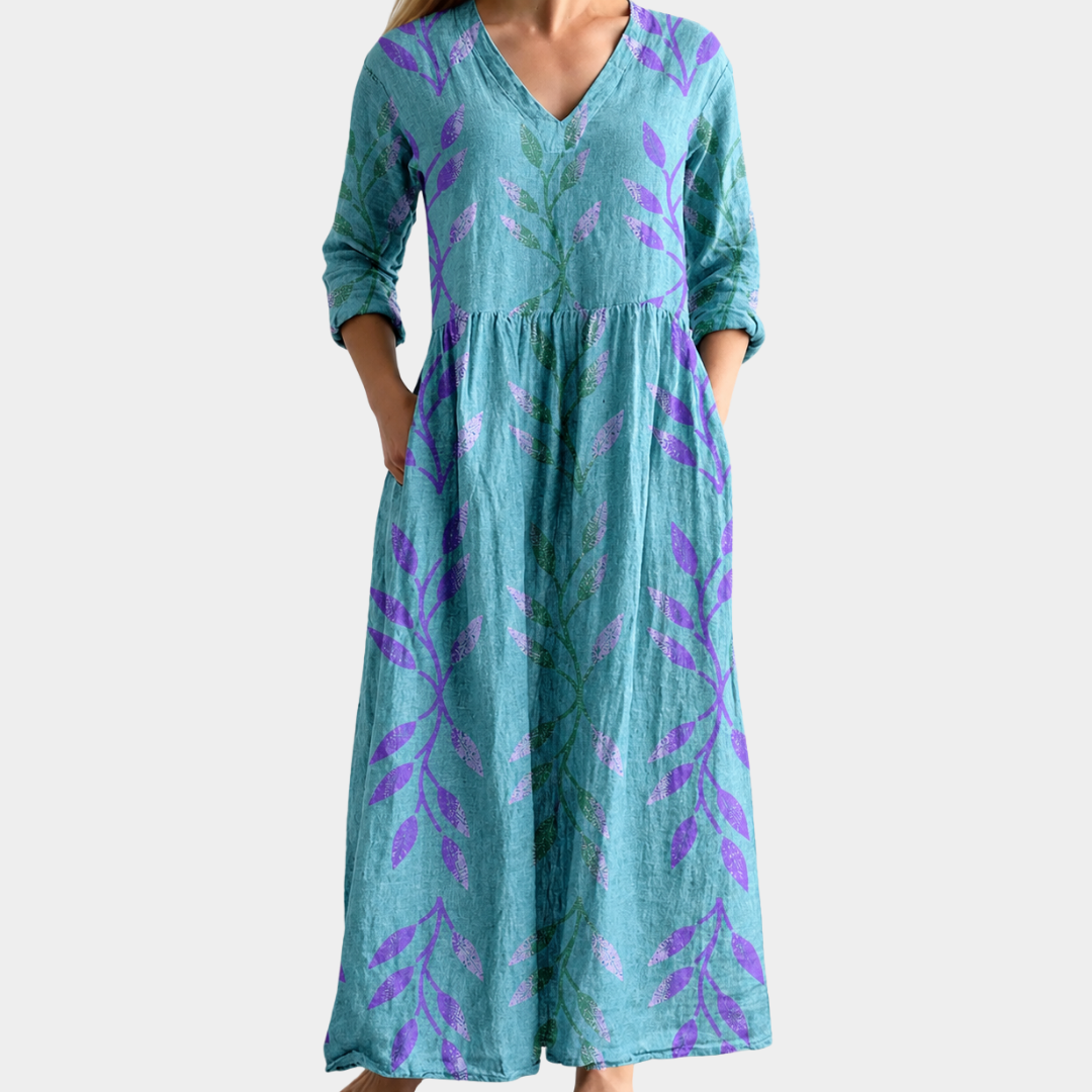 Thea teal maxi dress with lavender leaves, view 2