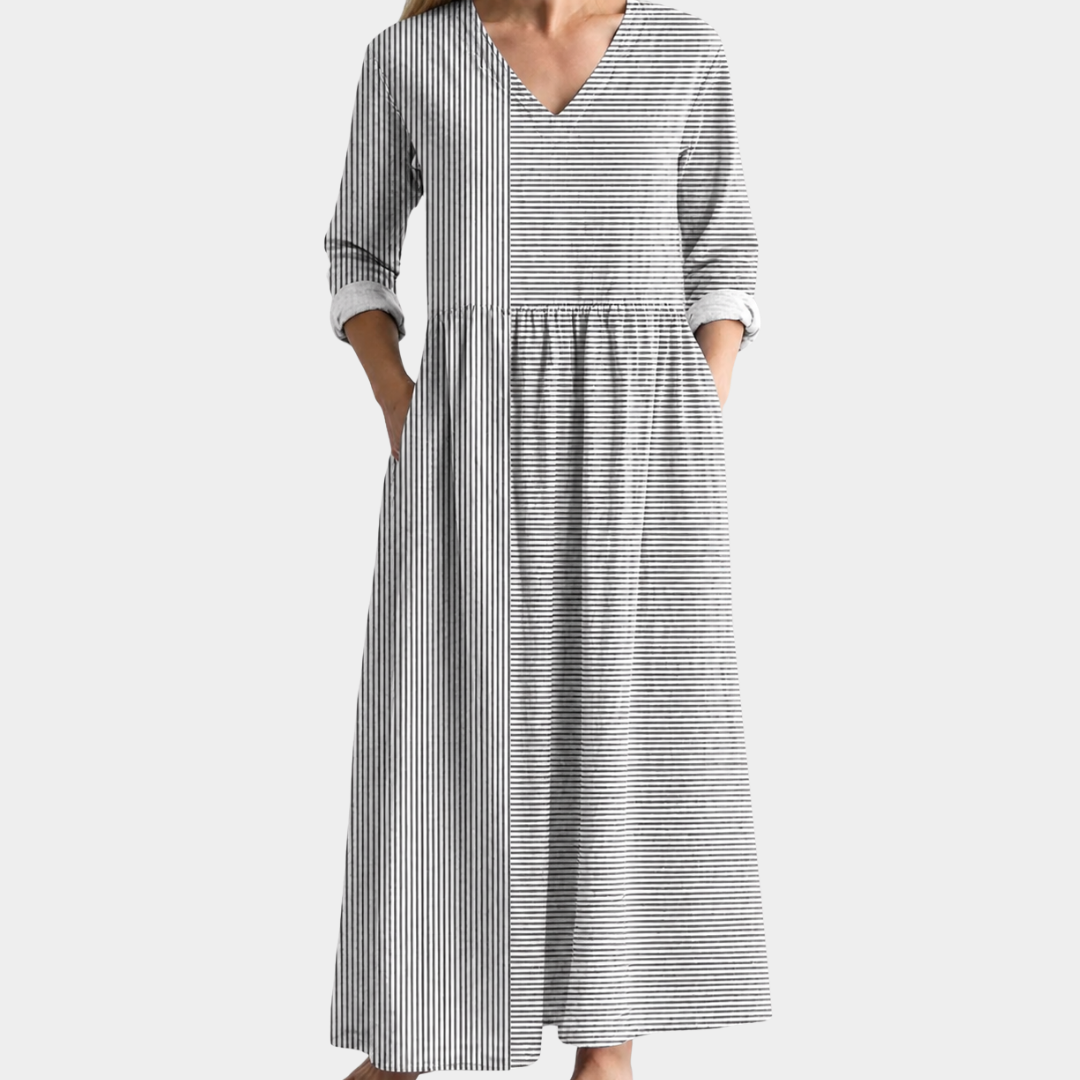 Lindy grey fine stripe maxi dress, view 2