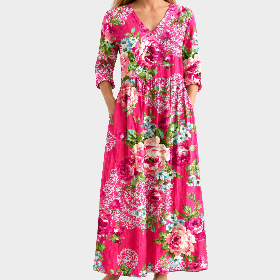 Rachael pink maxi dress with roses and peonies, view 2