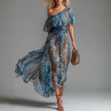 Willow - Long Chiffon Dress with Leopard Print and Bare Shoulders