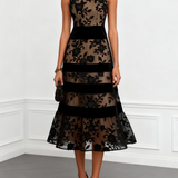 Clara - Black Mesh A-Line Midi Dress with Flowers