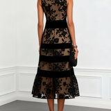 Clara - Black Mesh A-Line Midi Dress with Flowers