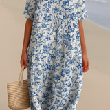 Maud - Ivory Dress Decorated with Porcelain Blue Floral Accents