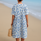 Maud - Ivory Dress Decorated with Porcelain Blue Floral Accents