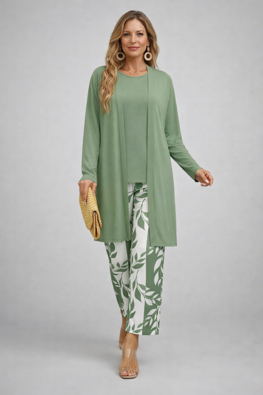 Colleen sage green three-piece set, front view