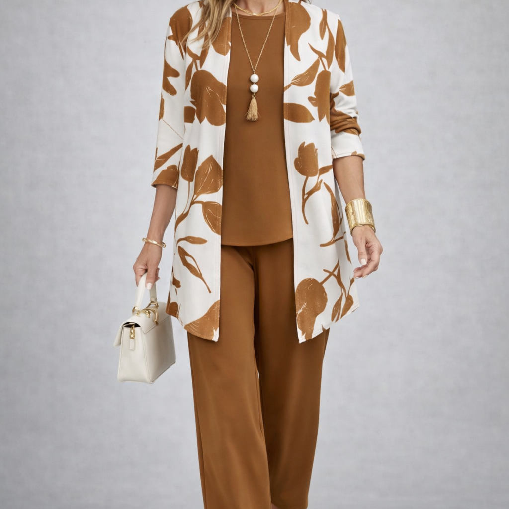 Robyn caramel three-piece set, front view