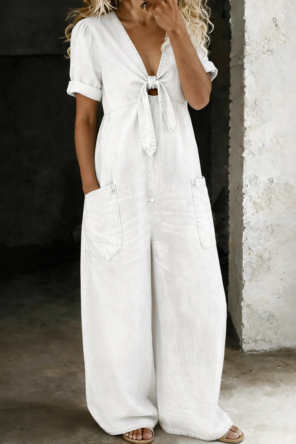 Olga short-sleeve jumpsuit with V-neck, relaxed fit