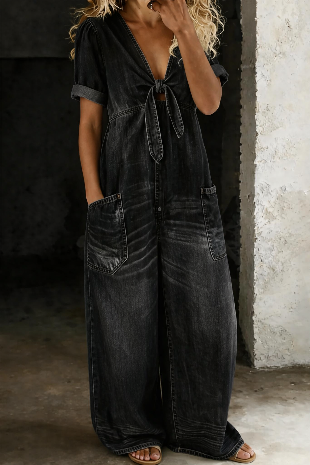 Olga short-sleeve jumpsuit with V-neck, relaxed fit