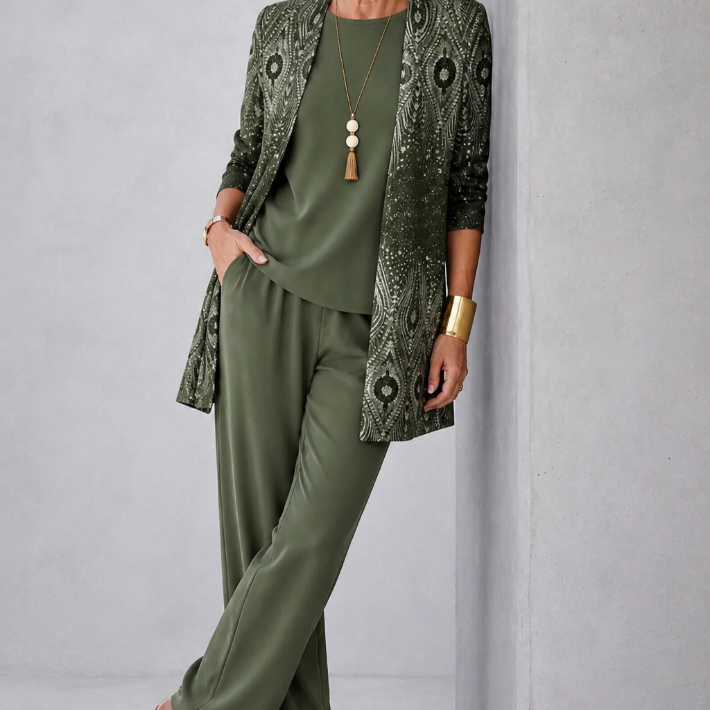 Pamela olive green three-piece set, front view