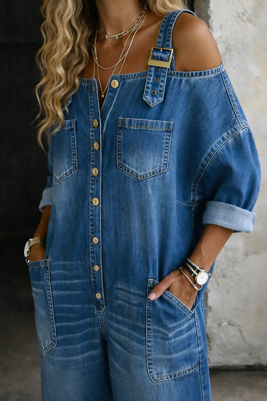 Sophia off-shoulder denim jumpsuit for women