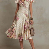 Alba - Elegant Retro Floral Satin Midi Dress