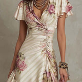 Alba - Elegant Retro Floral Satin Midi Dress