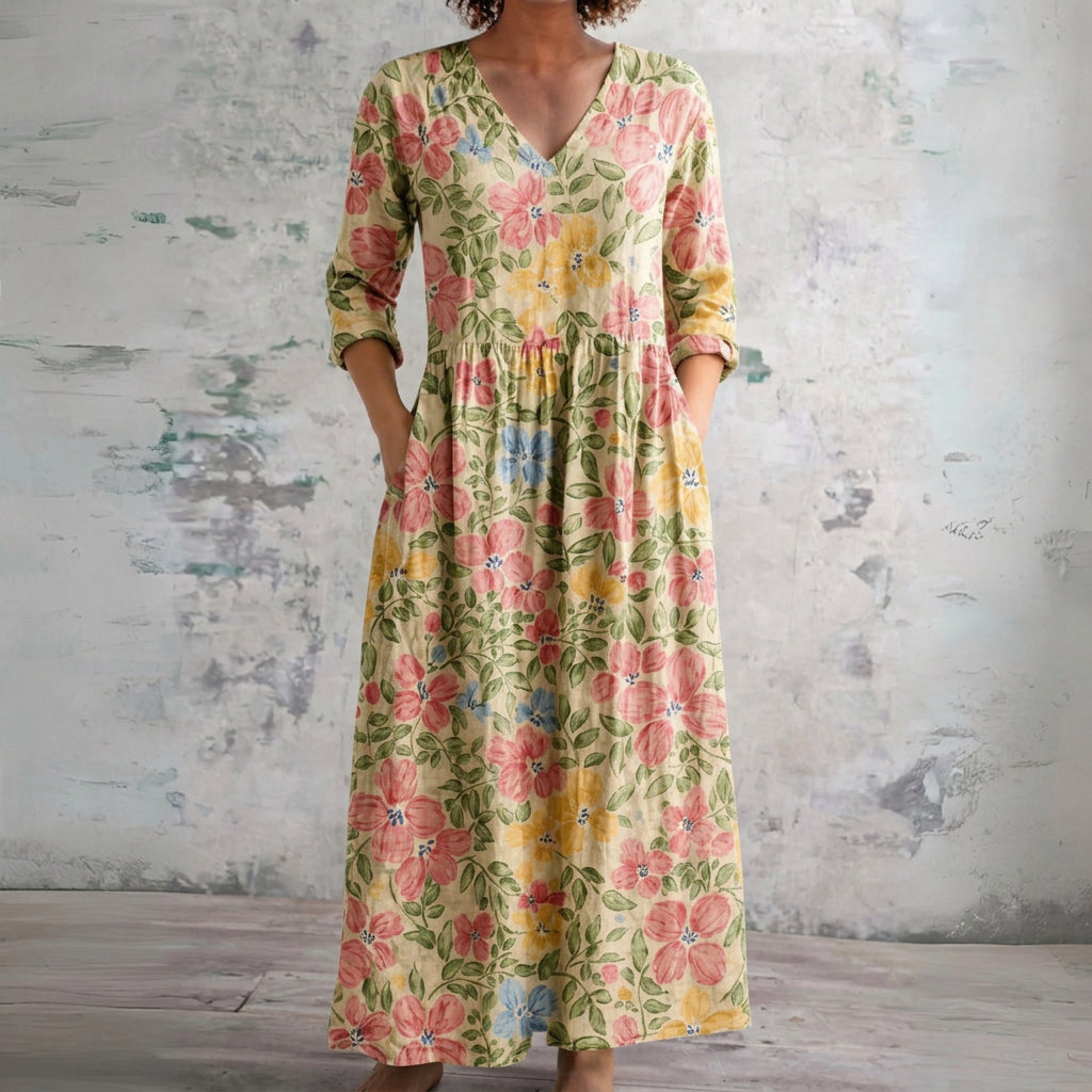 Ella cream maxi dress with meadow blossoms, front view