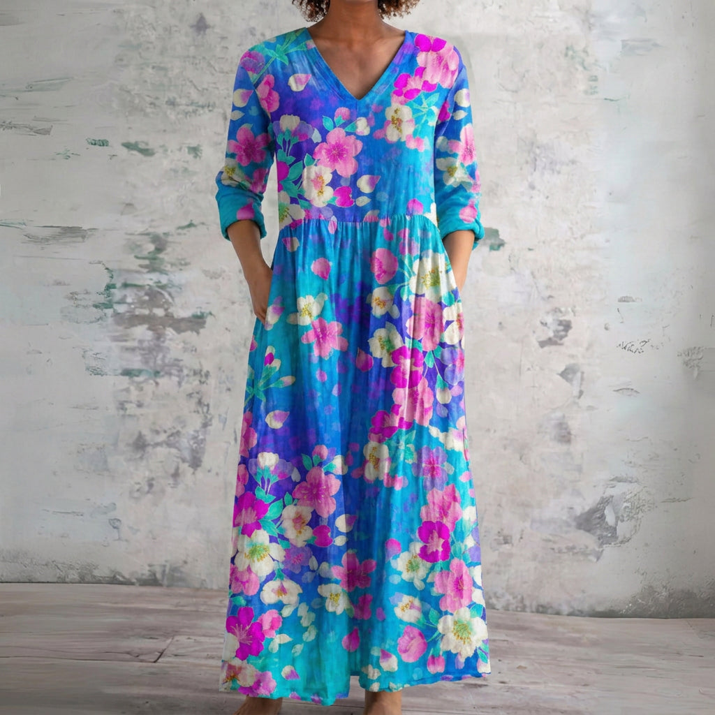 Roxy blue maxi dress with bright tropical florals, front view