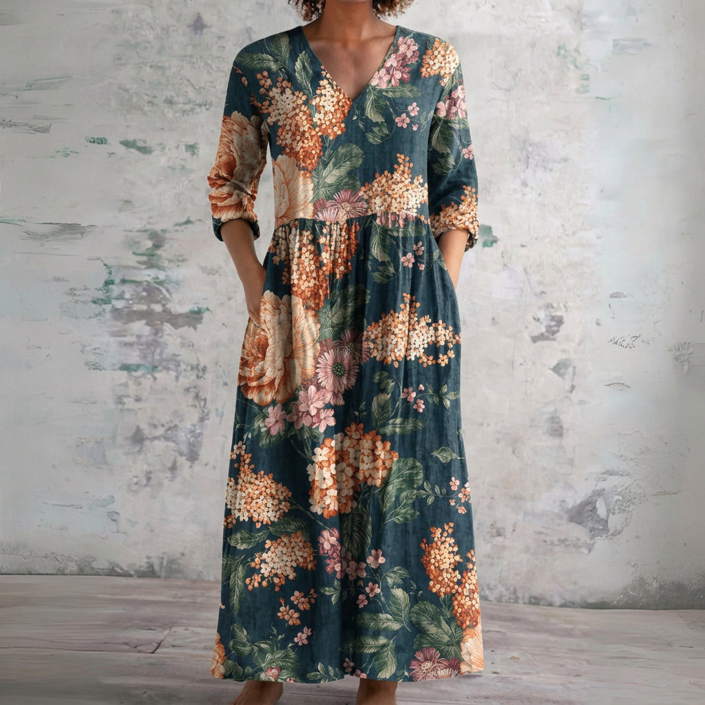 Denise dark teal maxi dress with cream roses, front view